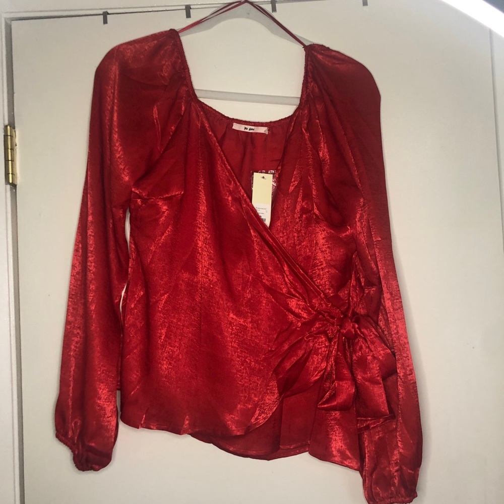 Red silk/satin tie front blouse